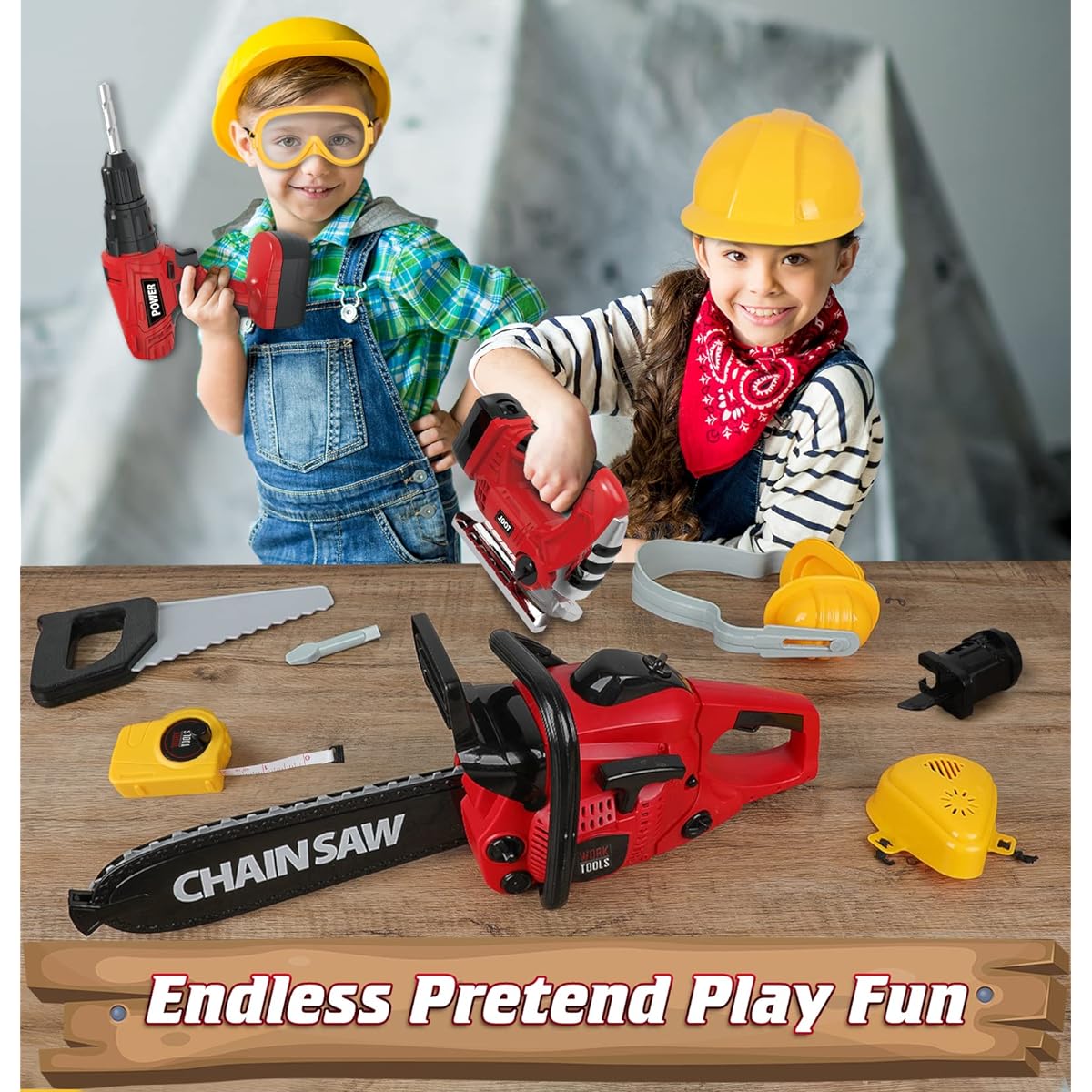 WishaLife Tool Set for Kids - Toddler Tool Set with Electric Toy Chainsaw, Toy Drill, Kids Construction Tool Set, Pretend Play Toys for Toddlers Boys Girls Ages 3 4 5 6 7 8 (Red)