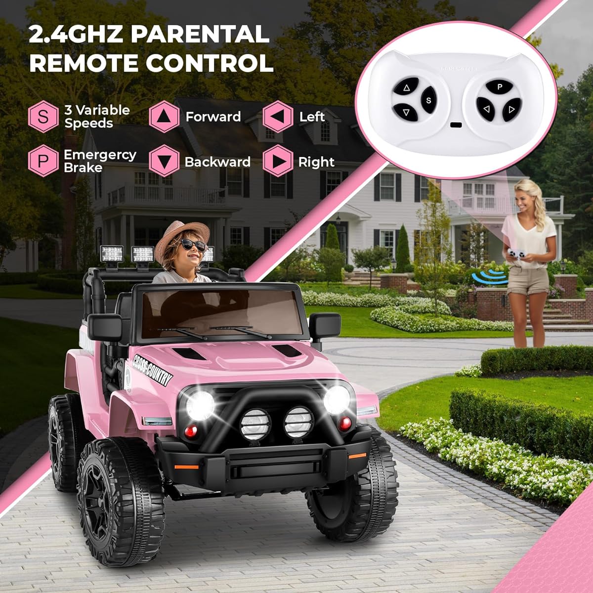 Hikole Electric Ride On Kids 12V Battery Powered Car with Parent Remote, Music, Windshield, Spring Suspension, 3 Speeds, Boys Girls Gift, Pink
