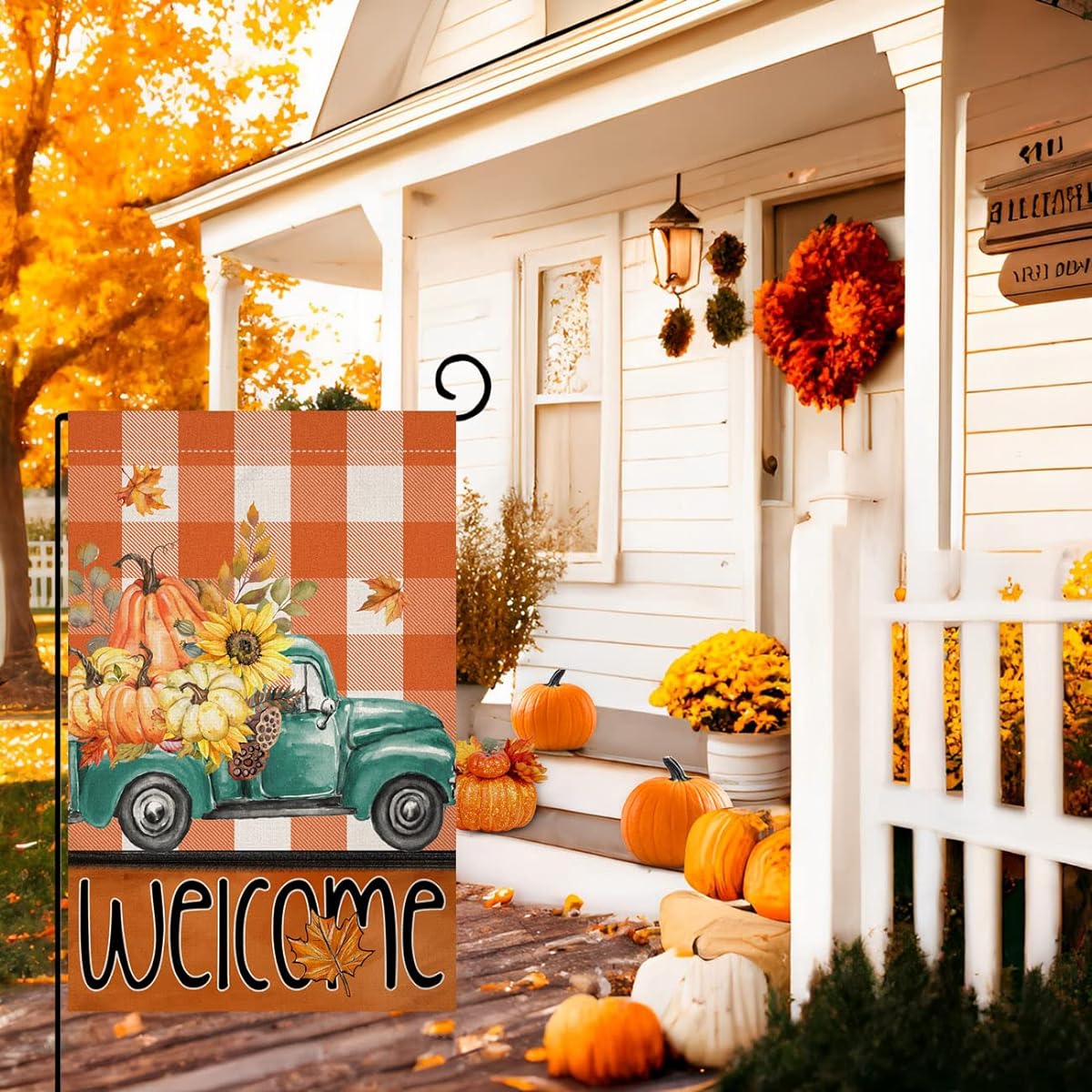 Fall Yard Flag 12x18 Vertical Double Sided Floral Pumpkin Truck Fall Thanksgiving Holiday Outdoor Decor Burlap Yard Flag BW483