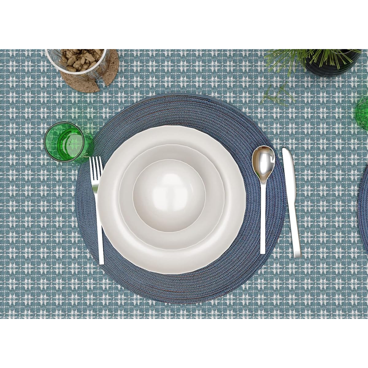 The Season Thread Table Runner, Wedgwood Blue/White with Woven Fringe, 100% Cotton, Size 14x72 Inch