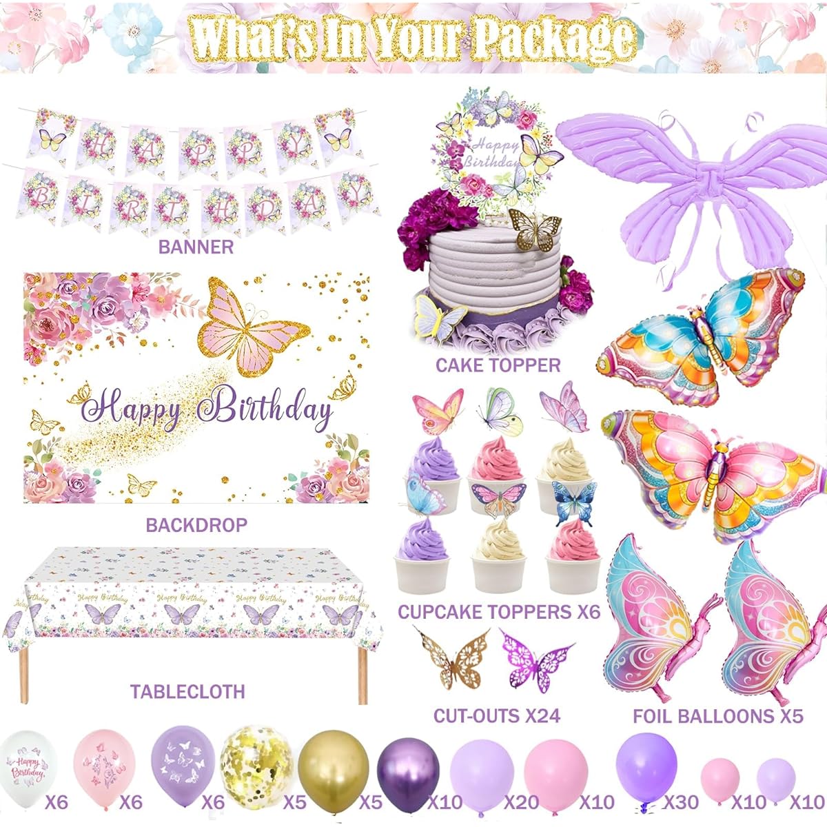 157 Pieces Butterfly Party Decorations Hombae Butterfly Birthday Decorations Backdrop Balloon Garland Banner Tablecloth Cake Cupcake Toppers 3D Butterfly Dress Up Butterfly Wings Balloons Floral Purple