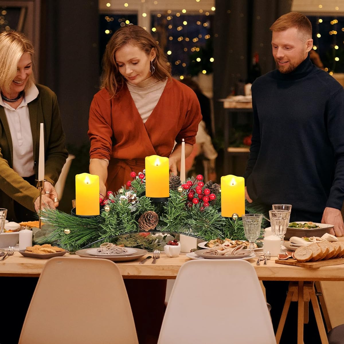 SIBOSUN Christmas Centerpieces Christmas Candle Holders Artificial Berries Pine Cones Table Centerpieces with 3 Candle Holders for Home Party Wedding Christmas Table Mantel