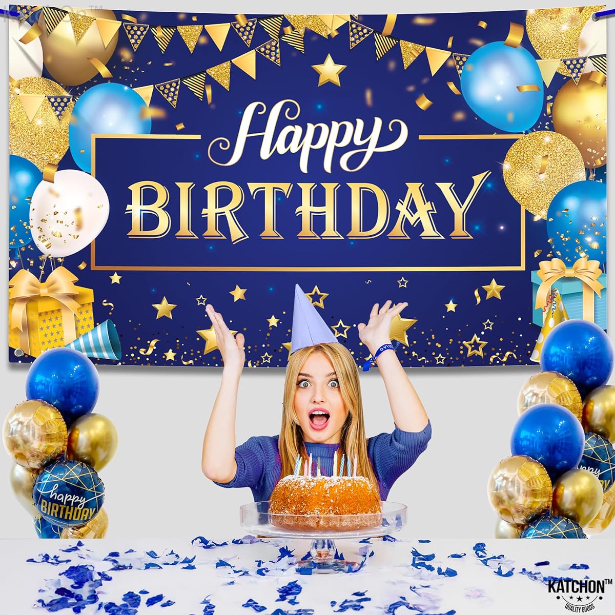 Happy Birthday Blue and Gold Foil Wall Banner