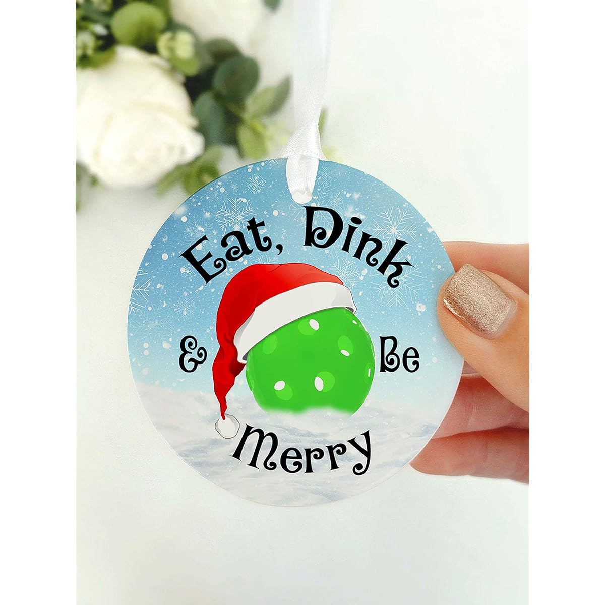 Prezzy Eat Drink and Be Merry Christmas Ornament Pickleball Holiday Christmas Tree Ceramic Circle Ornament White