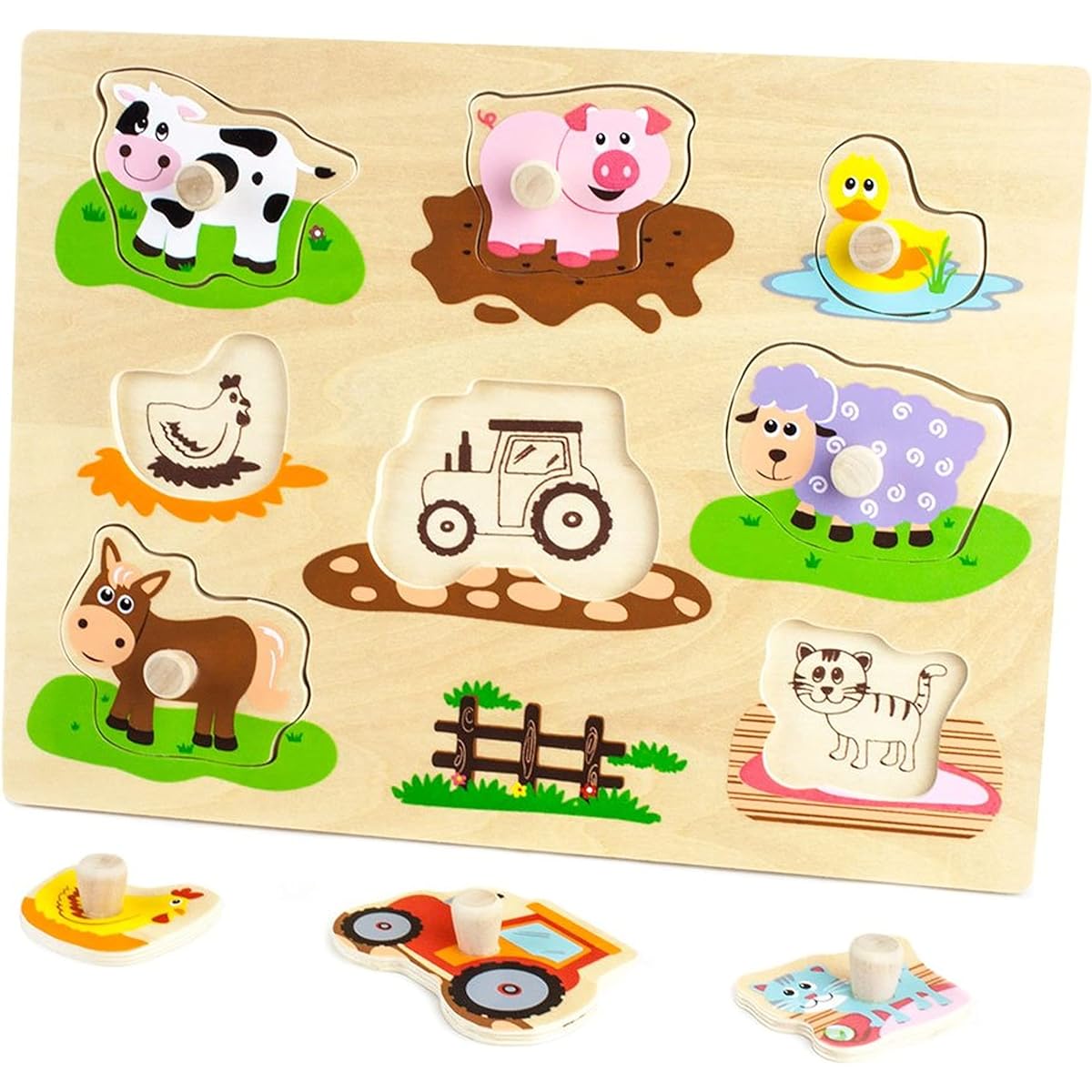Professor Poplar's Wooden Barn Peg Puzzle (8 Piece) - Wooden Learning Puzzle for Toddlers and Kids, Animal Theme