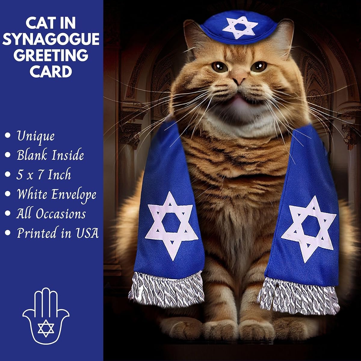 Synagogue Cats - Set of 3 Multipurpose Funny Greeting Cards - From Jewish Holiday Greeting Cards, Large 5x7 inch Blank Inside, A7 Invitation Style Blue Envelopes.