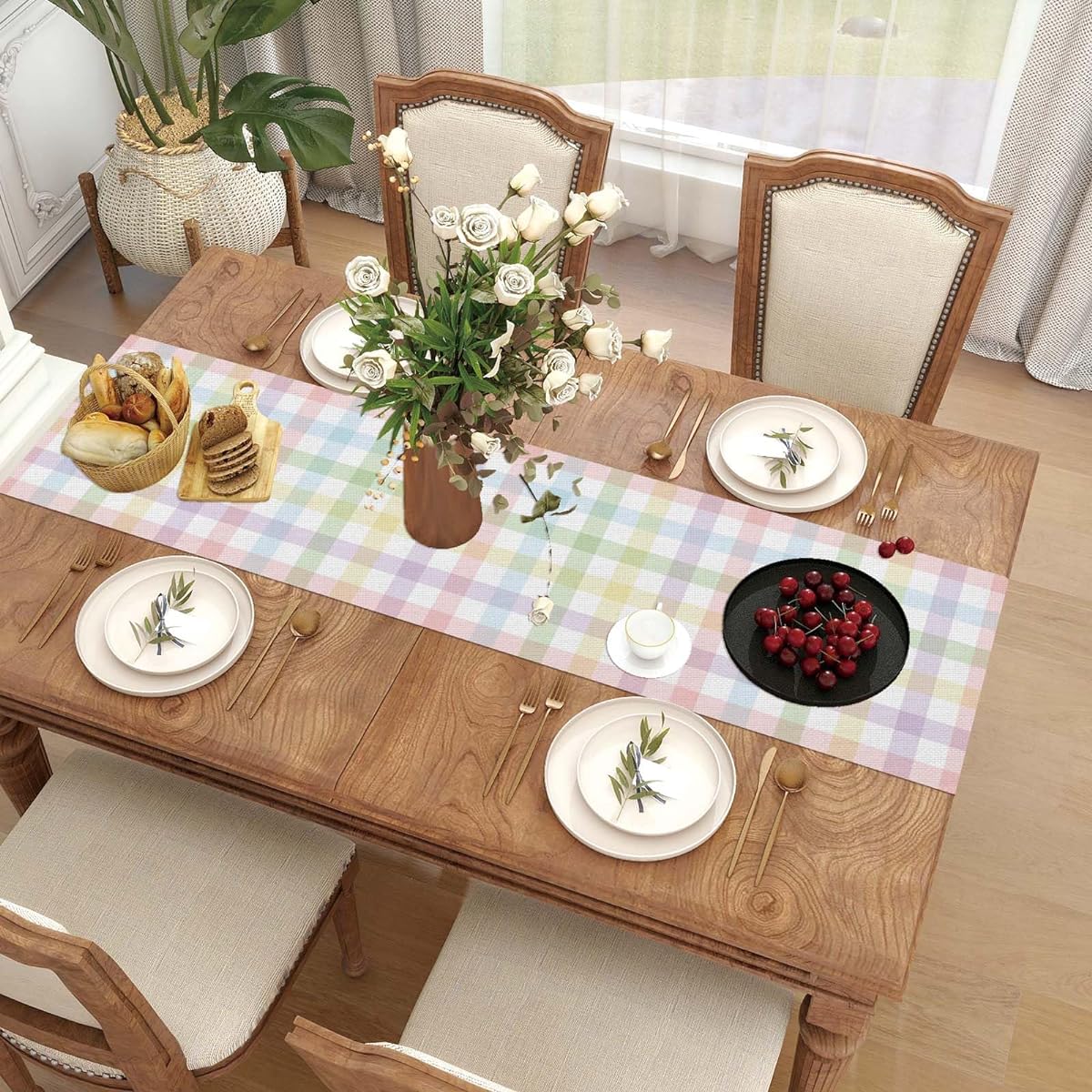 Linen Buffalo Check Plaid Spring Table Runner 72" Long Farmhouse Spring Summer Easter Home Kitchen Dining Room Table Decorations