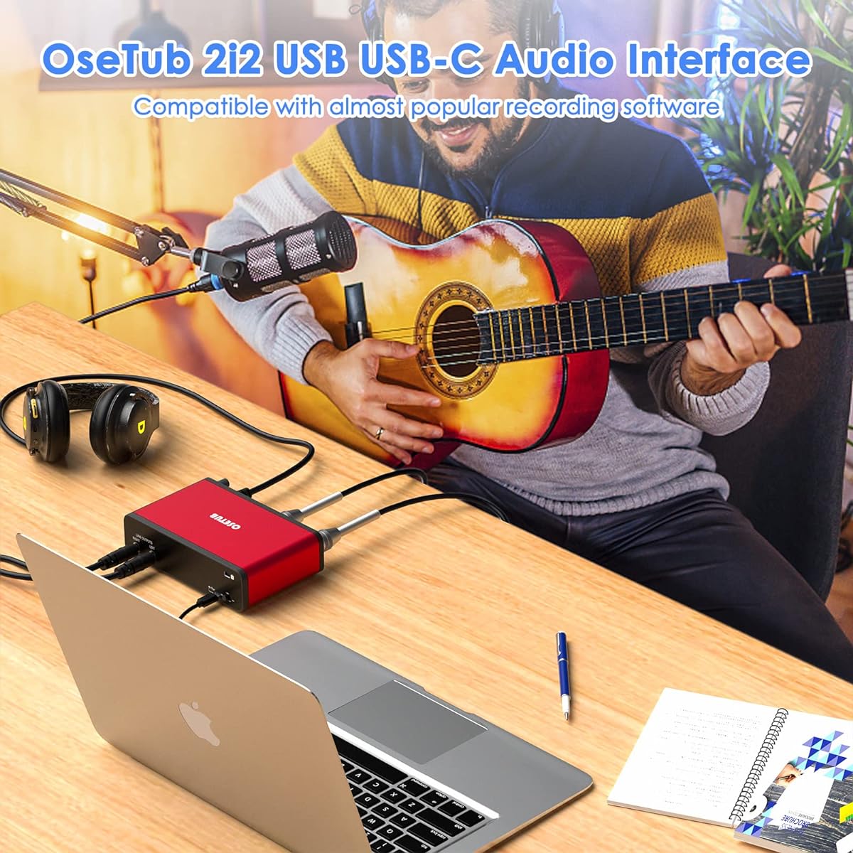 OseTub USB Audio Interface Solo 24-bit/192kHz 48V Phantom Power Compatible with Most DAWs and Recording Software USB Audio Interface Ideal for Podcasts/Recording/Live Streaming (AR004A-R-2)