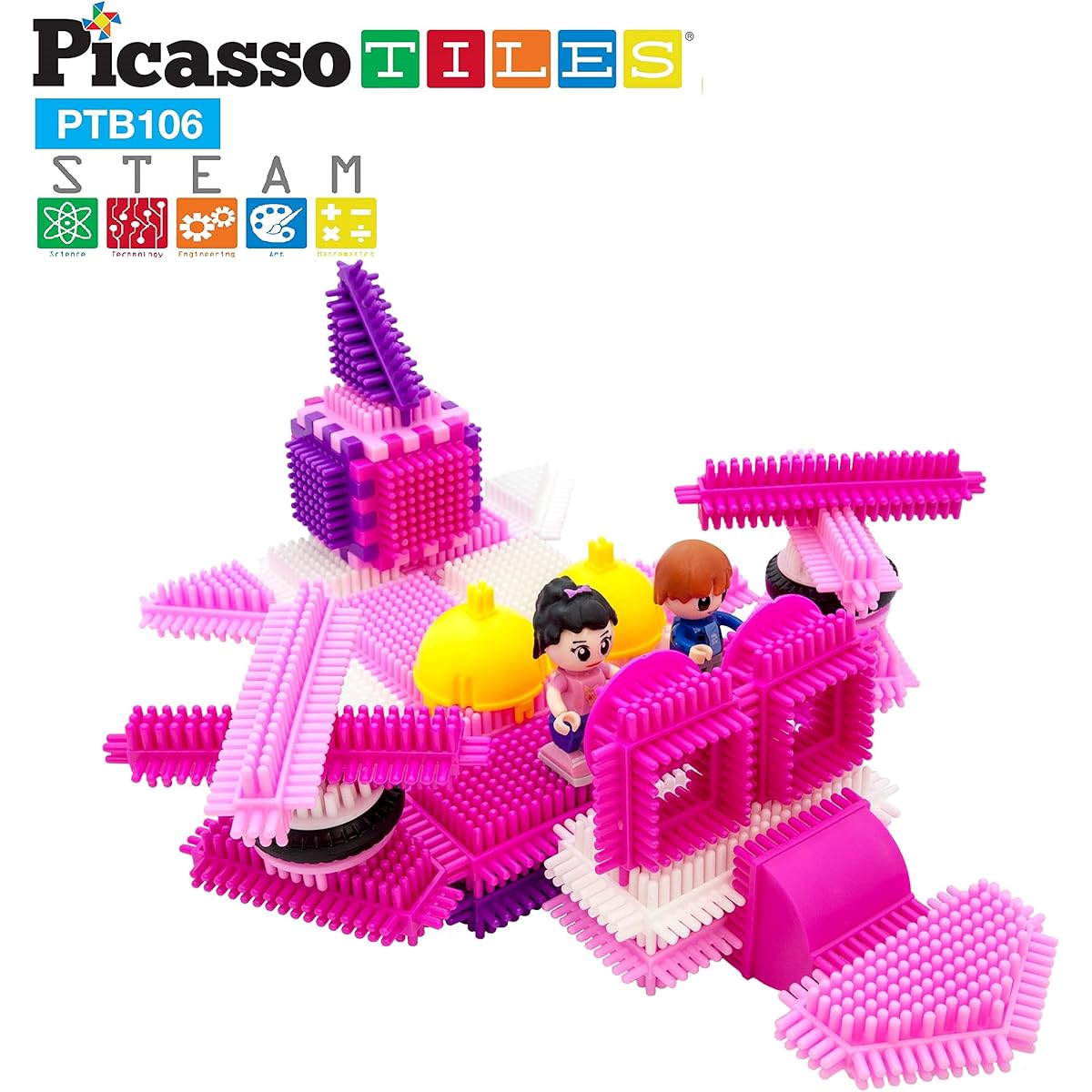 PicassoTiles () PTB106 106 Piece Brush Shape Blocks Construction Tiles Pink Castle Theme Set with Human Figures Learning Playset STEM Toy Educational Kit Promotes Children's Brain Development for Preschoolers and Kindergarteners, Multicolor