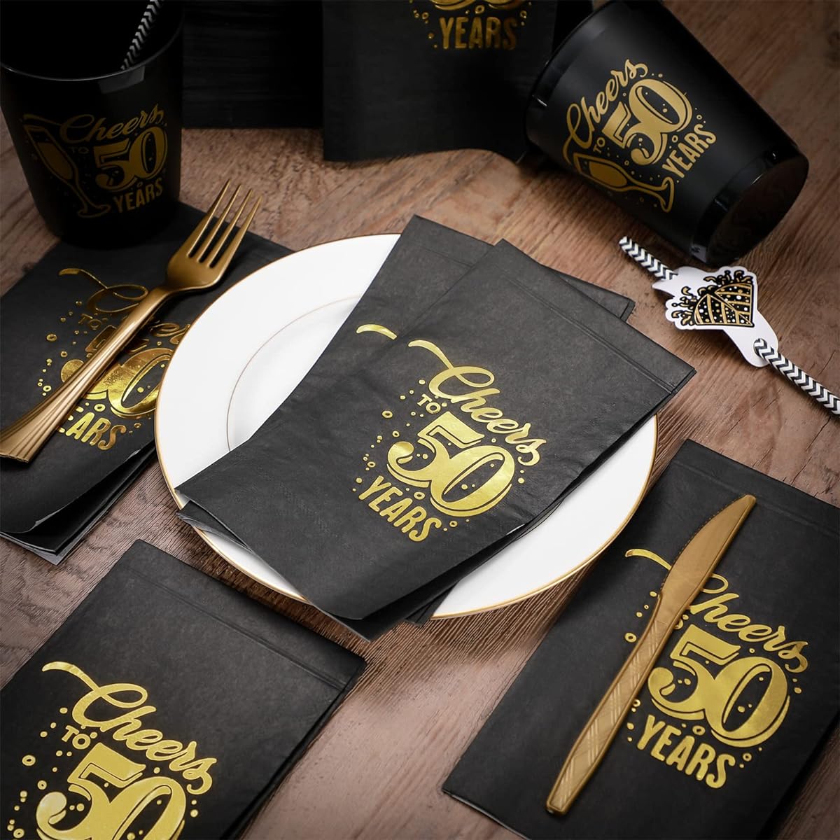 200 Sheets Cheers to 50 Years 50th Birthday Napkins Happy Foil 50th Birthday Decorations for Women Men 7 x 4 Inch Paper Cocktail Napkins Black Gold Luncheon Napkins 2 Ply Anniversary Wedding Party Supplies