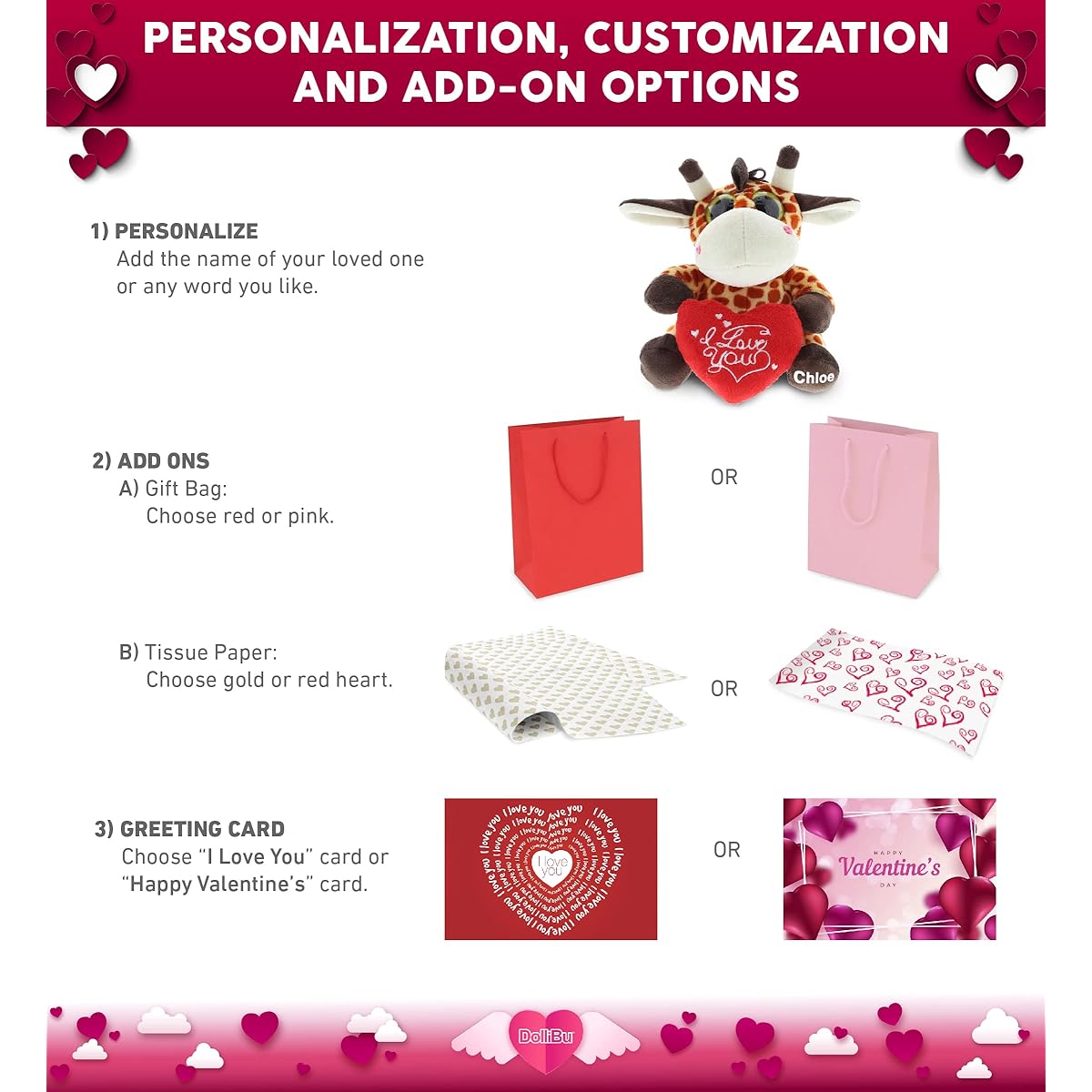 Dollibu Giraffe Big Eye I Love You Valentines Stuffed Animal - Heart Message - 6 Inch - Super Soft Plush - Item # K5223-5999