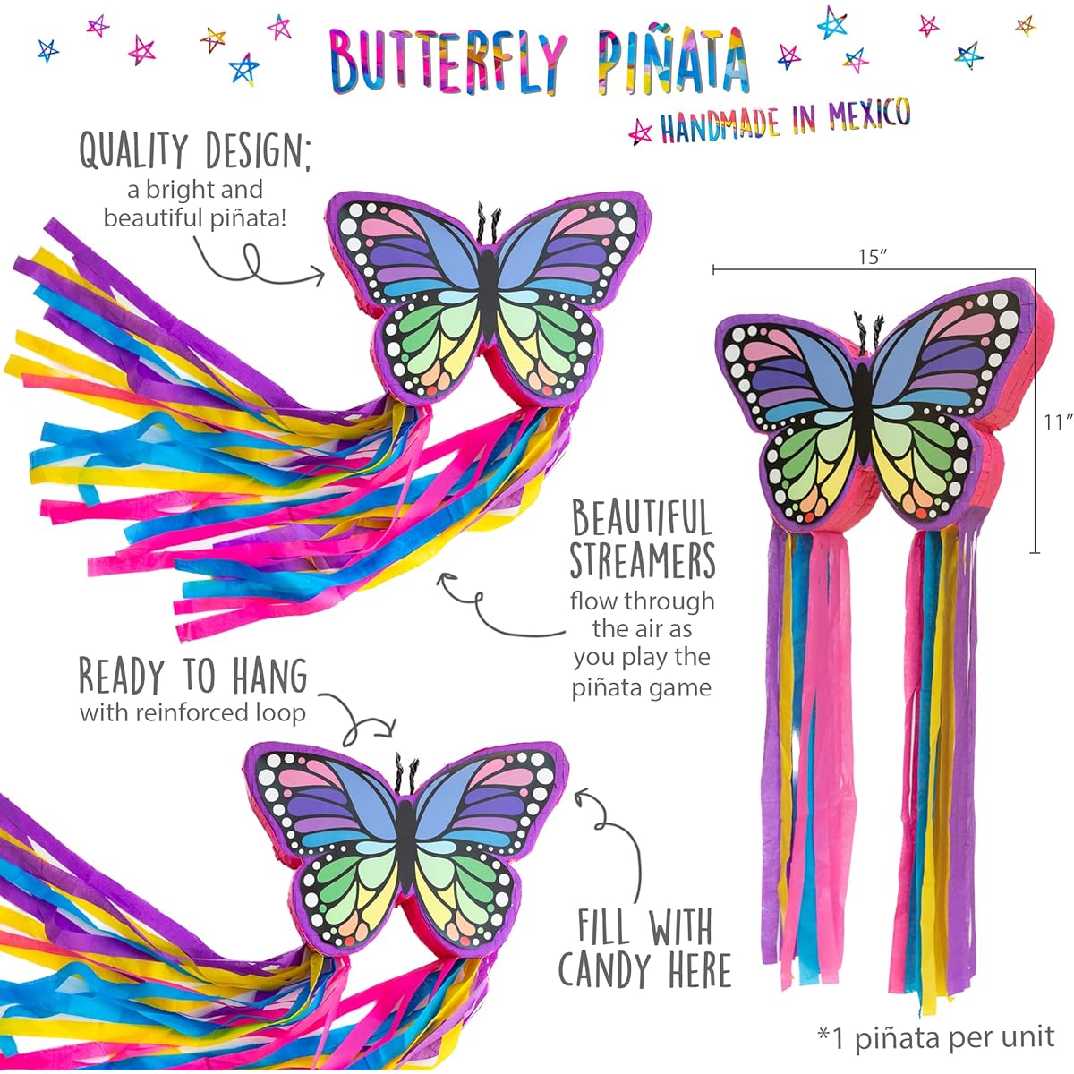 Riles & Bash Rainbow Butterfly Pinata with Colorful Streamers for a Butterfly or Rainbow Birthday