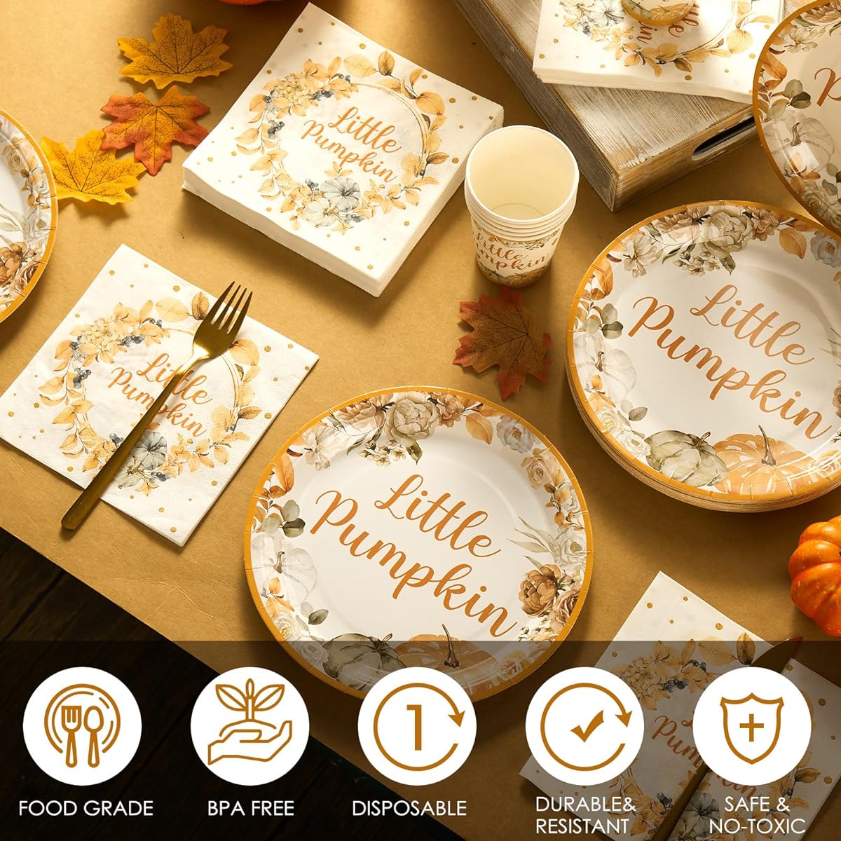 Skylety Little Pumpkin Baby Shower Party Decorations Set for 50 Guests, A Little Pumpkin Is on The Way Baby Shower, Little Pumpkin Baby Shower Plates and Cups, Boy/Girl Pumpkin Birthday Party Supplies