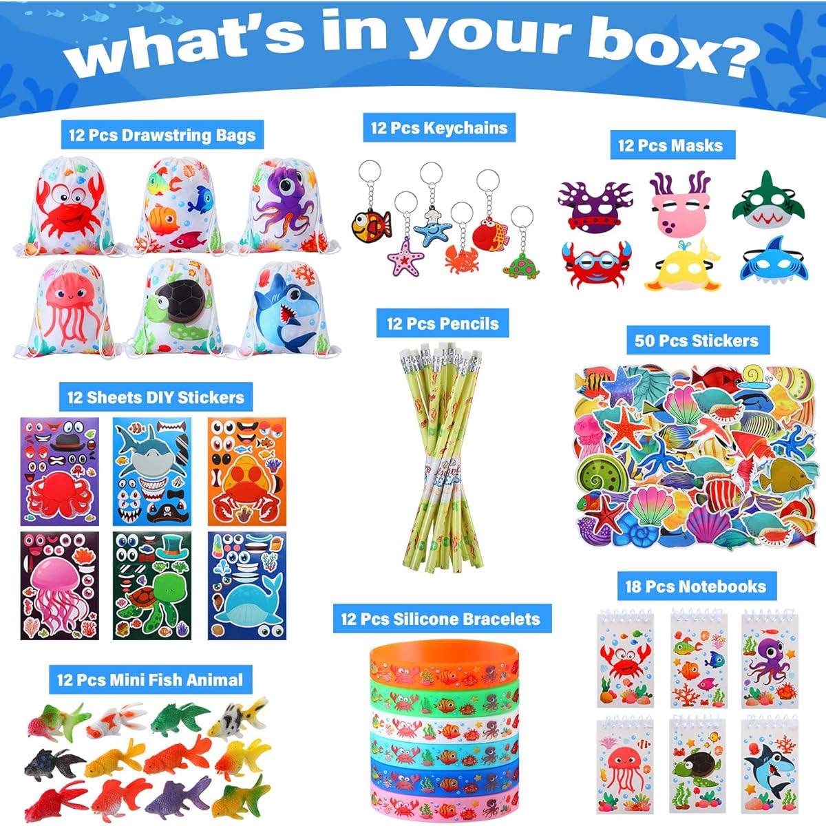 Fainne 146pcs Under the Sea Party Favors Sea Animal Toys Drawstring Backpack Silicone Bracelets Spiral Notebook Stickers Keychain Pencil Mask Birthday Party Supplies for Boys Girls School Rewards