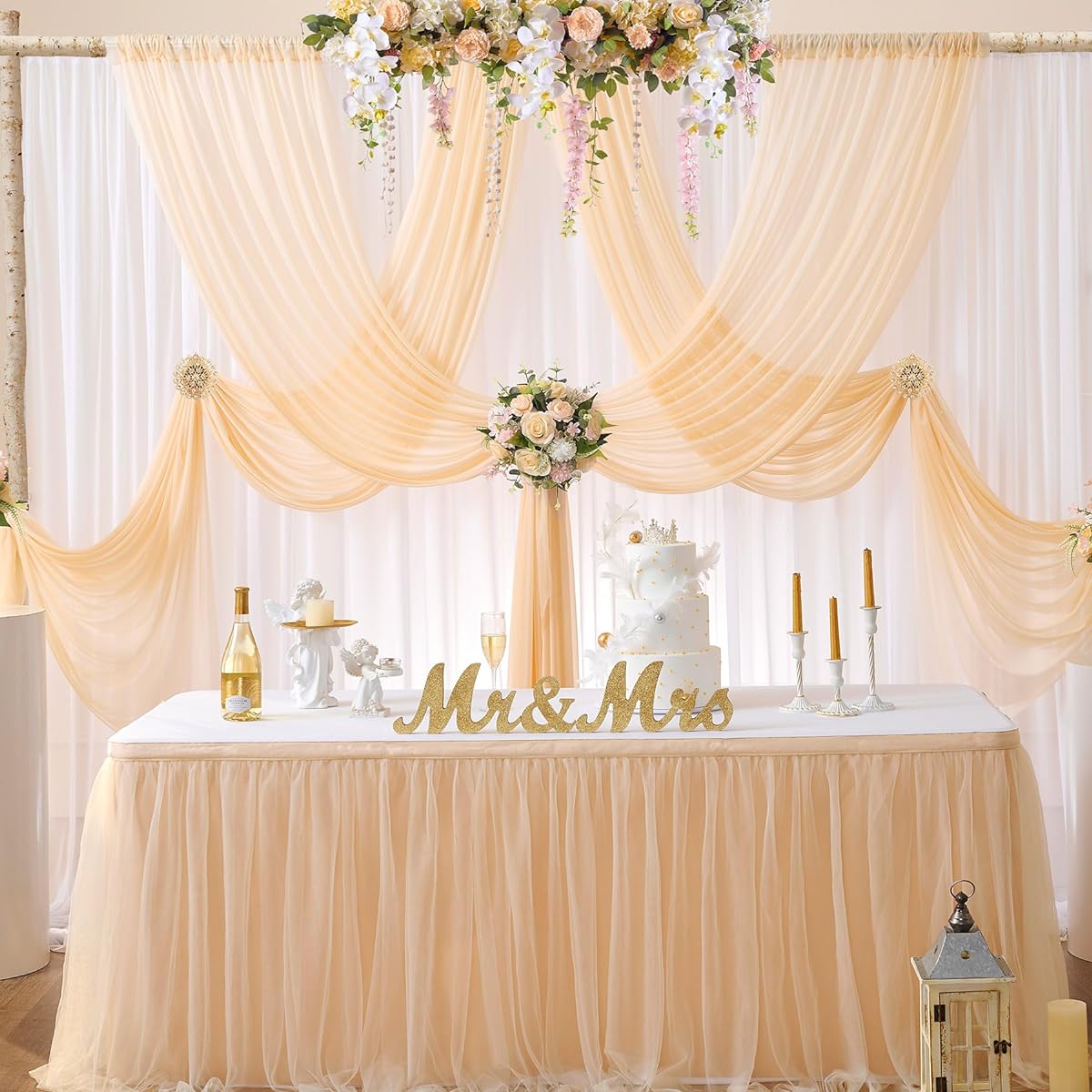 50x10ft Champagne Sheer Backdrop Curtains for Party Wedding Baby Shower Birthday Arch Decoration Wrinkle Free Background Curtains 10 Panels 5x10ft