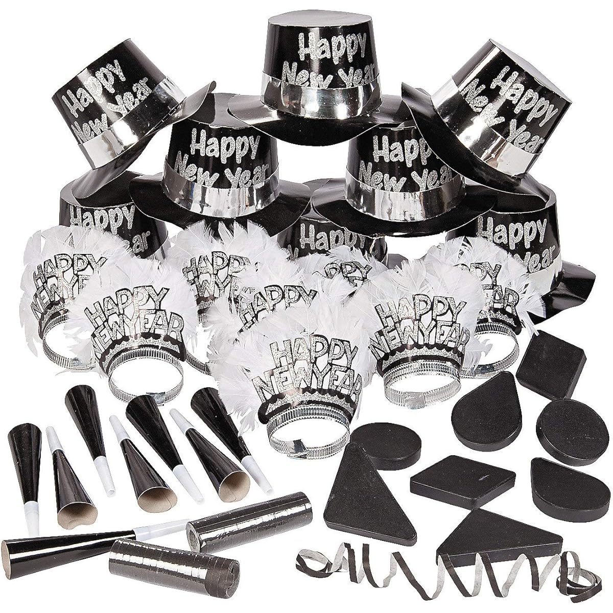 New Year Black & White 25 Piece Assortment Party Supplies 52 Pieces