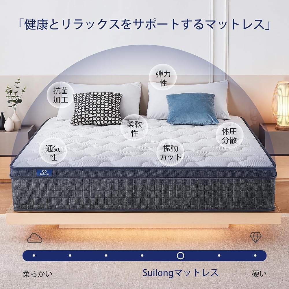 Suilong Pocket Coil Mattress, Semi-double, Firm, Extra Thick, 10.2 inches (26 cm), Independent Pocket Coil, High Resilience, Luxury Spring Mattress, Slightly Firm, Line Situation 0.08/0.09 inches
