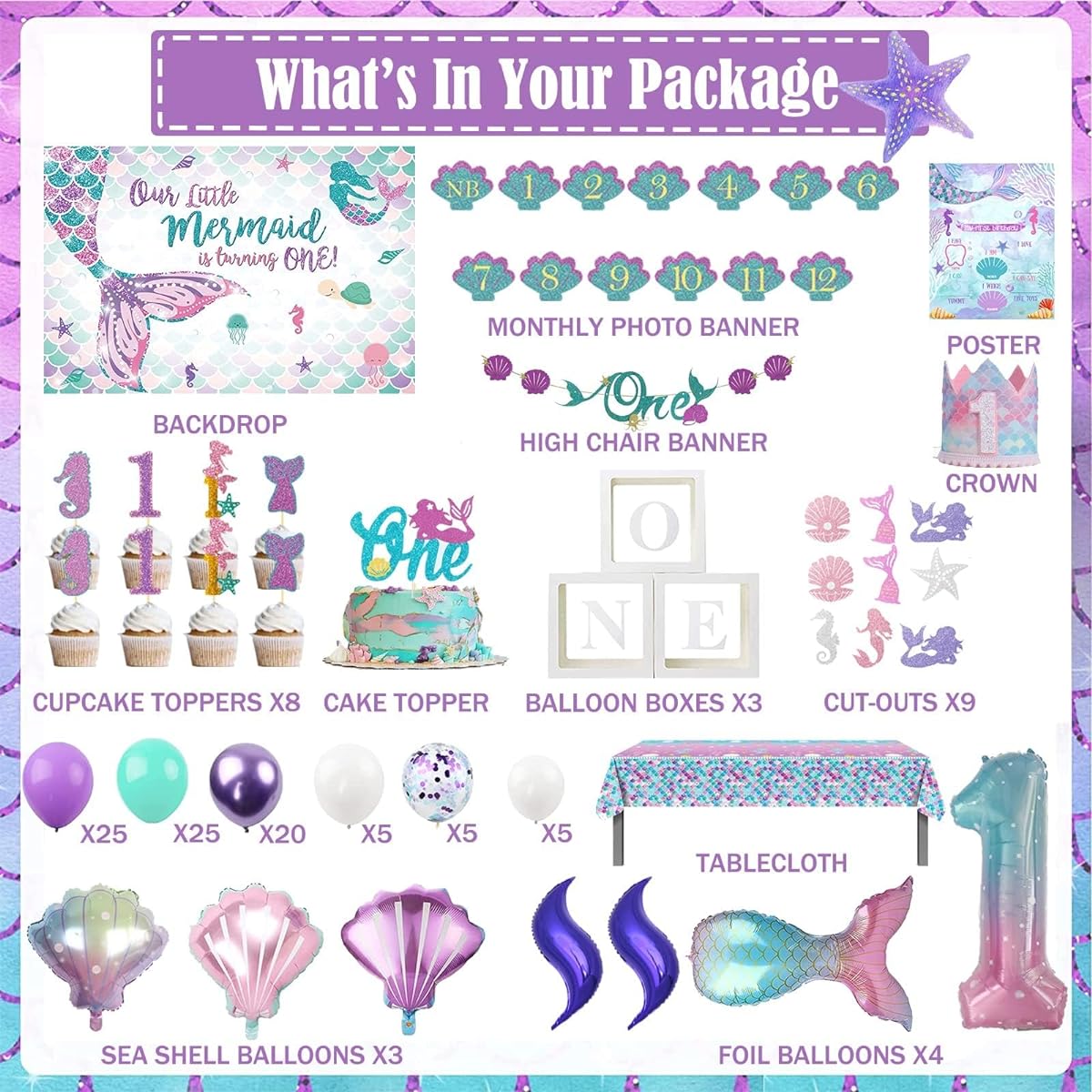126 Pieces Mermaid Birthday Decorations 1 Year Old Girl Hombae Mermaid 1 Year Background Balloon Garland Monthly Photo High Chair Banner Box Cut Out Crown Poster Cake Topper Seashell Teal Blue Purple