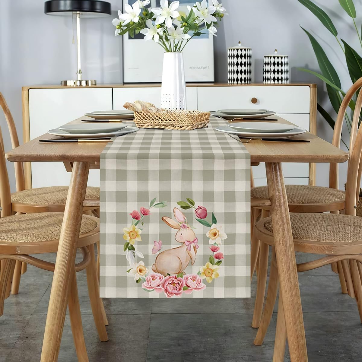 Celepaty Grey White Buffalo Checkered Rabbit Butterfly Flower Wreath Easter Table Runner Spring Easter Holiday Home Kitchen Dining Table Runner Decorations (13 x 72 Inch)