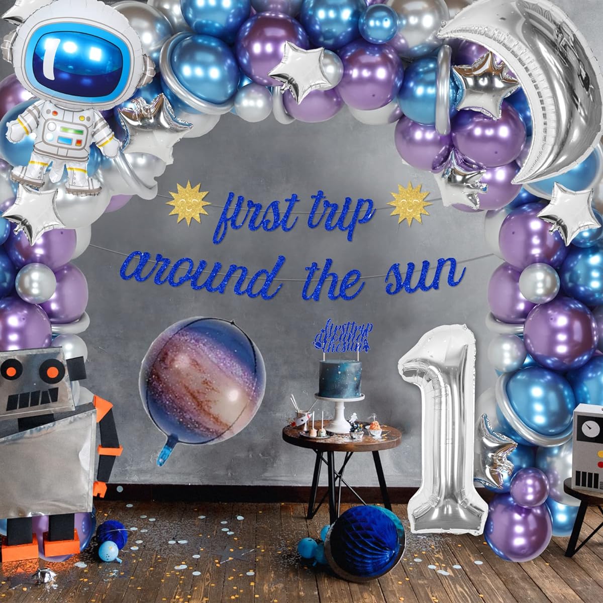 Outer Space First Birthday Decorations for Boys First Journey to the Sun Birthday Decorations Balloon Garland Arch Kit Banner Cake Topper Astronaut Rocket Balloons First Birthday Party Supplies