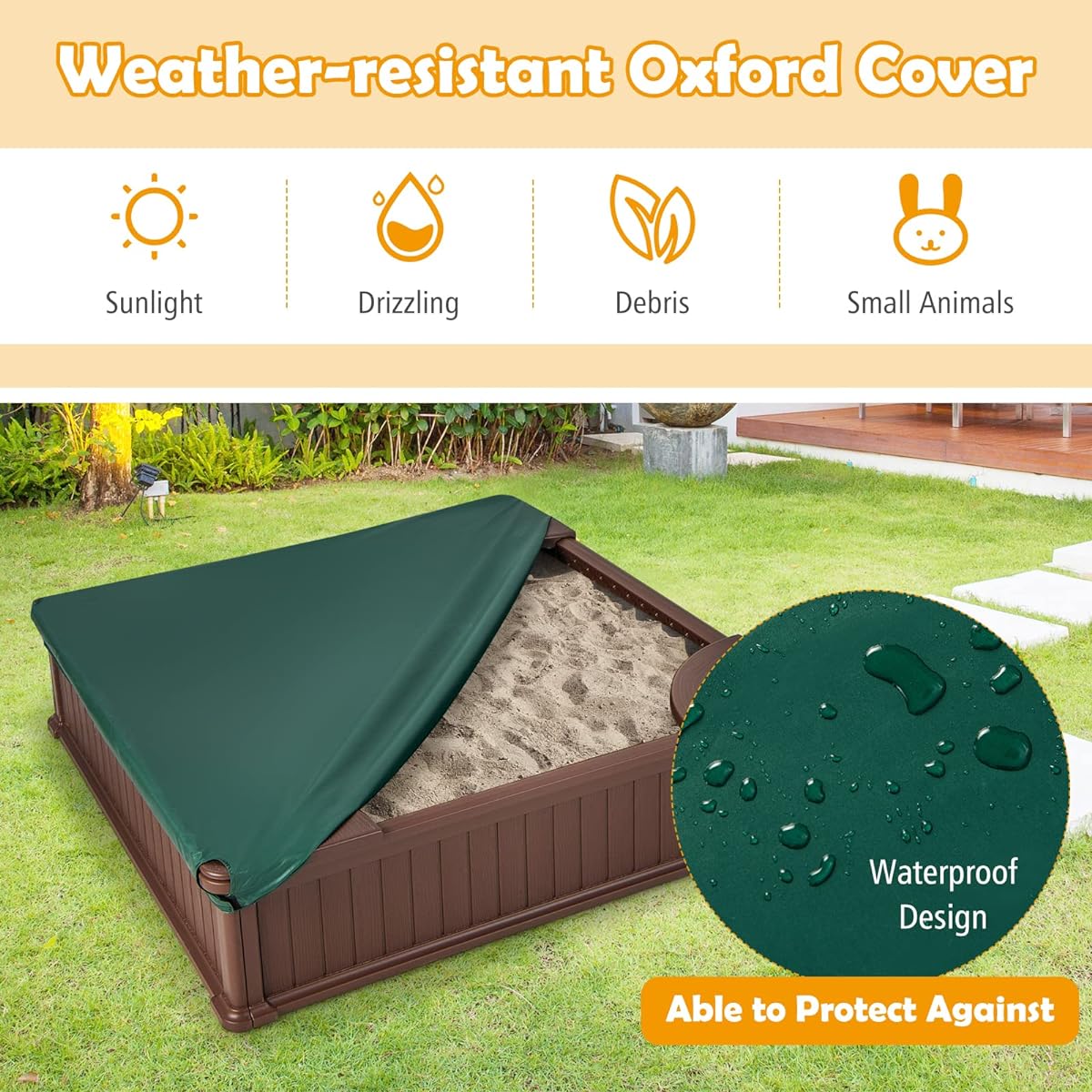HONEY JOY Kids Sandbox with Cover, 48x48 Inch Large HDPE Sand Pit for Backyard, 4 Corner Sheets & Bottom Liner, Sand Protection, All Weather Sandbox for Kids, Outdoor (Coffee)