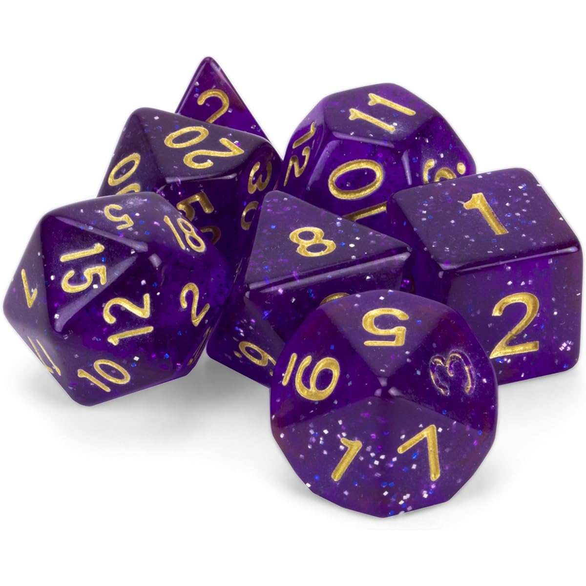 Wiz Dice Midnight Nebula Set of 7 Polyhedral Dice, Translucent Purple, Blue & Silver Glitter Tabletop RPG Dice with Clear Display Box