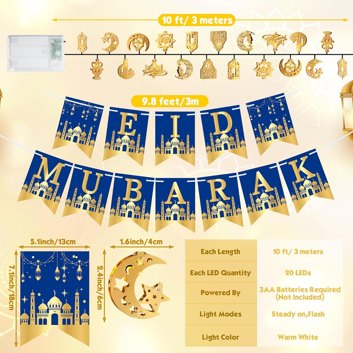 Tujoe Ramadan Eid Mubarak Banner Garland Ramadan Decorations with Ramadan LED Eid Moon Star String Lights Ramadan Kareem Outdoor Home Decoration Party Supplies(Blue)