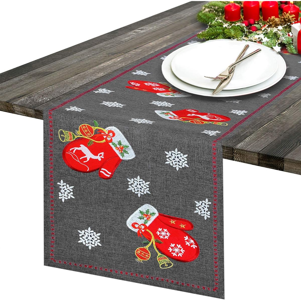 Simhomsen Embroidered Globe Table Runner Christmas Holiday Decoration Dresser Scarf Dark Gray Color 14 x 68 Inches Gray