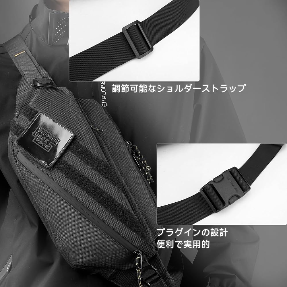 YOWUBA Body Bag, Men's, Large Capacity, Shoulder Bag, Waterproof, Shoulder Bag, Commuting to School, Commuting, Leisure, Sports, Bicycle, Crossbody Bag, Body Bag (Black)