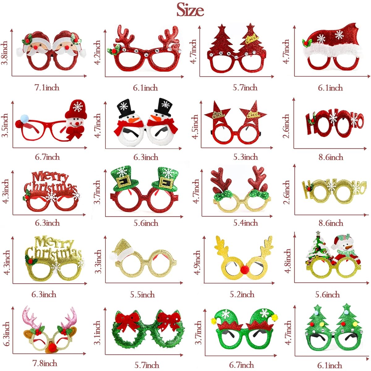 Halovin 20pcs Christmas Glasses Frames for Kids, Christmas Glitter Party Glasses for Christmas Party Holiday Favors Photo Booth with Gift Box
