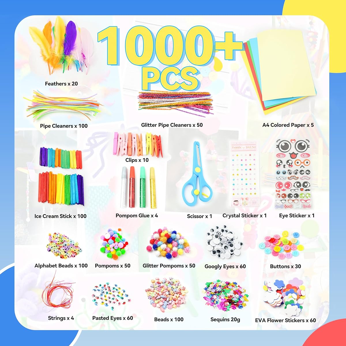 SMILESSKIDDO Kids Art & Craft Supplies for Kids Girls Ages 4 5 6 7 8 9 10 11 & 12- Ultimate Craft Supplies Set in Portable 3-Layer Plastic Art Box