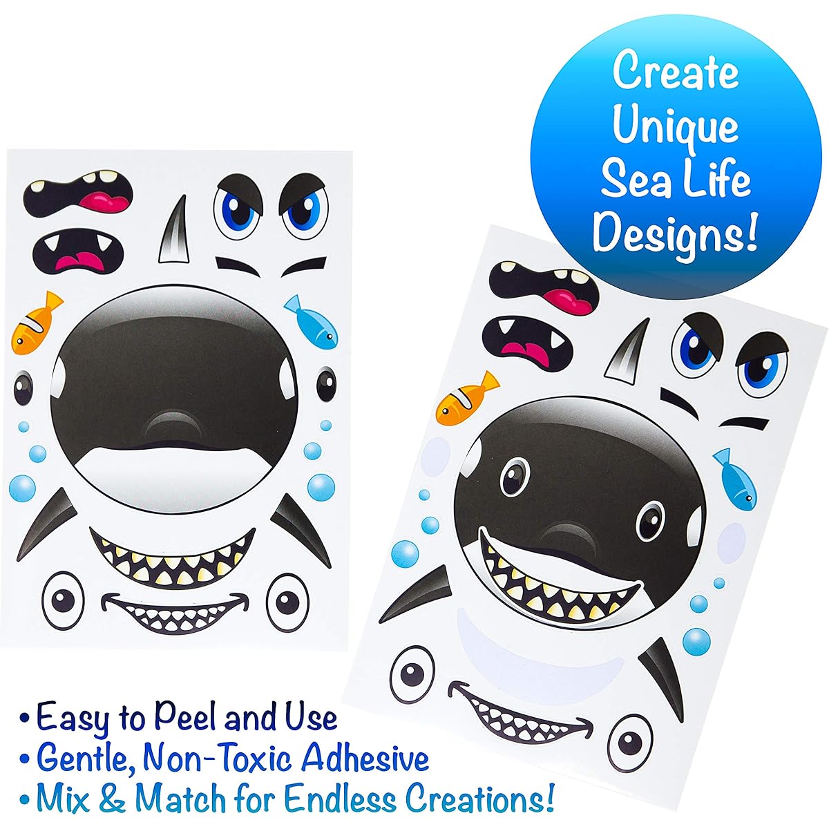 Make A Big Sea Life Sticker Sheet of 24 - Orca Killer Whale, Humpback, Dolphin & Great White Shark Stickers - Perfect Mermaid Birthday Party Favors - Fun Activity to Encourage Creativity