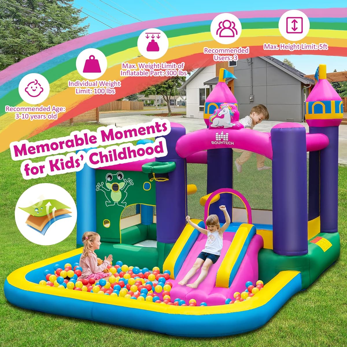 BOUNTECH Inflatable Bounce House, 6 in 1 Giant Bouncy House for Toddlers Kids Age 5-12, Indoor Outdoor Party Family Fun with Large Ball Pit, 735W Blower, Inflatable Jumping Castle, Great Birthday Party Gift