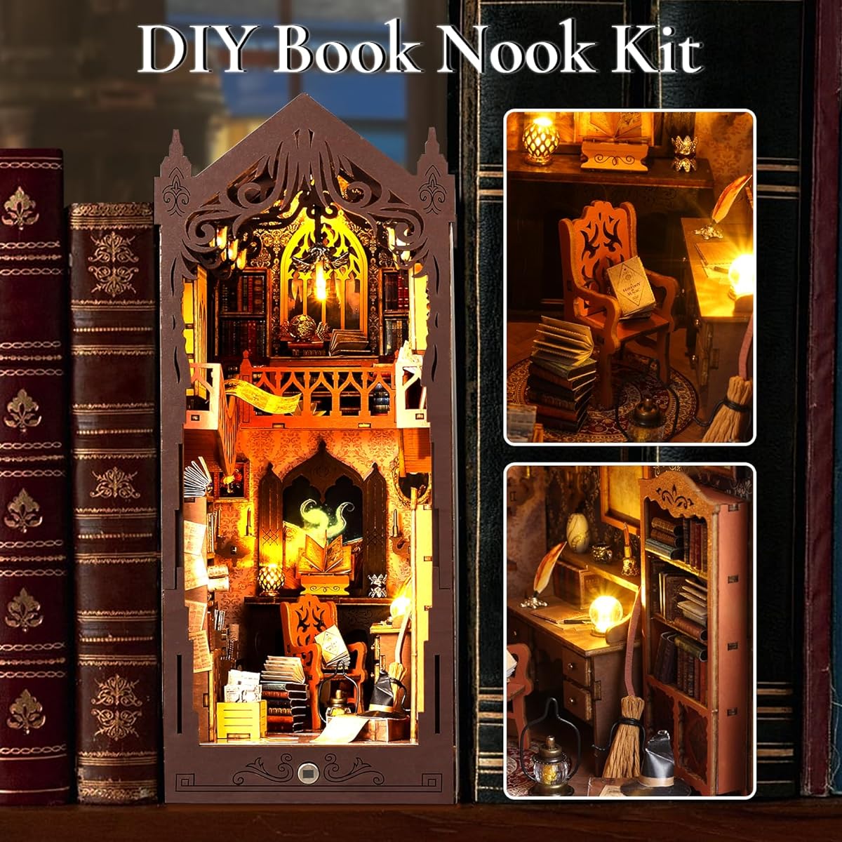 TuKIIE DIY Book Nook Miniature Kit, Book Nook Dollhouse Bookshelf Insert with Sensor Light & Dustproof Wooden Decorative Bookend Stand Model Kit for Kids/Teens/Adults(Magic Library)