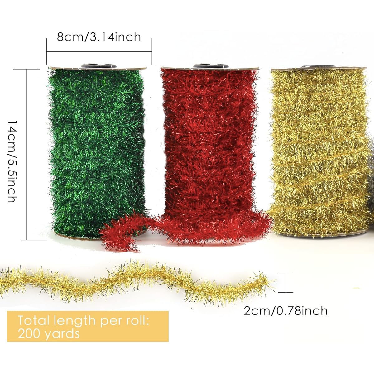 Tinsel Garland, 4 Rolls Thin Glitter Metallic Tinsel Garland Twisted Holiday Decorations for Christmas Party, Perfect for Sparkling Indoor & Outdoor Christmas Tree Decorations, 200 Yards Total