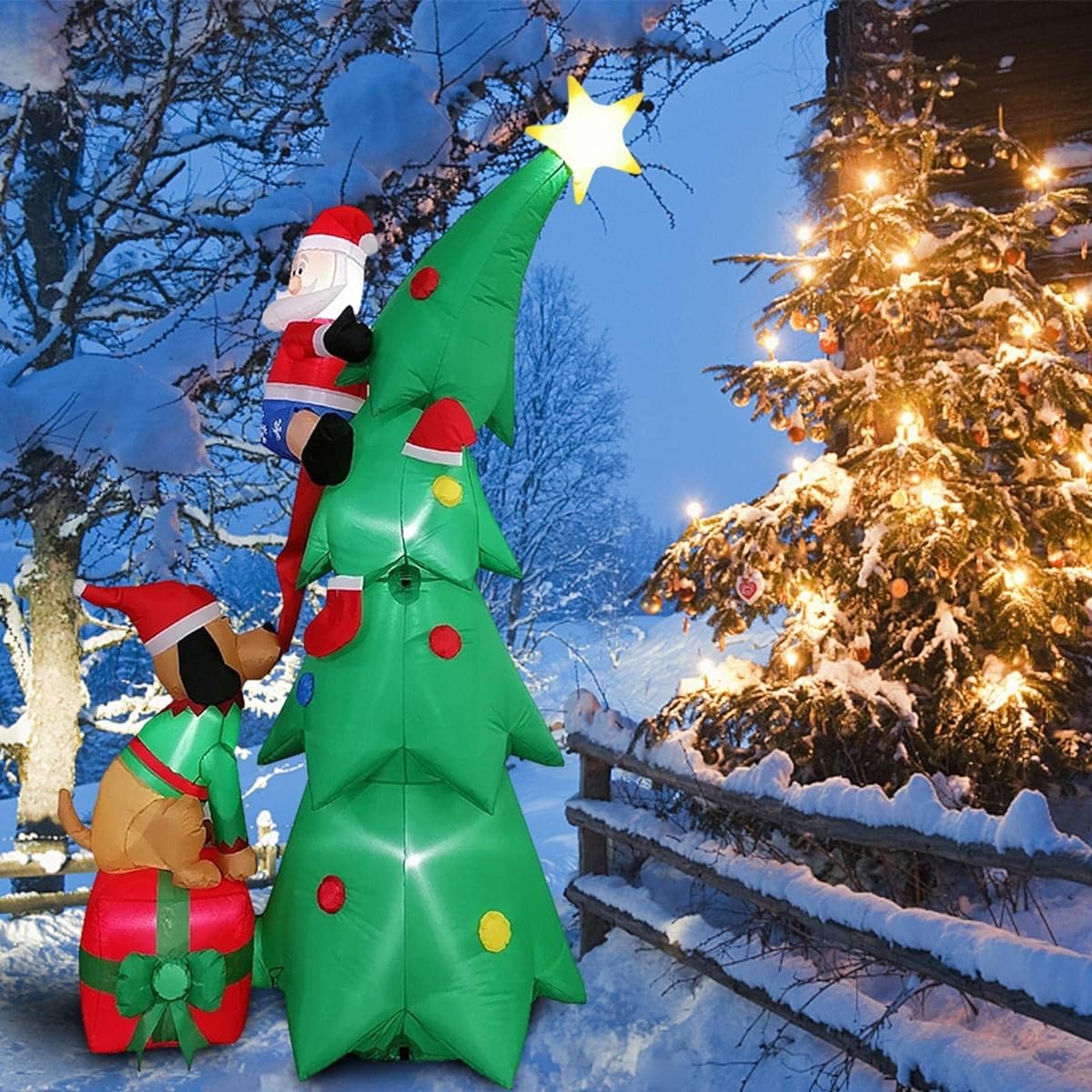 shopparadise Air Santa Claus with LED Air Display Glowing Santa Claus Funny Santa Climbing a Christmas Tree Chased by a Dog Air Christmas Tree Air Blow Doll Inflatable Air Filled Christmas Ornament Christmas Air Blow Decoration 2
