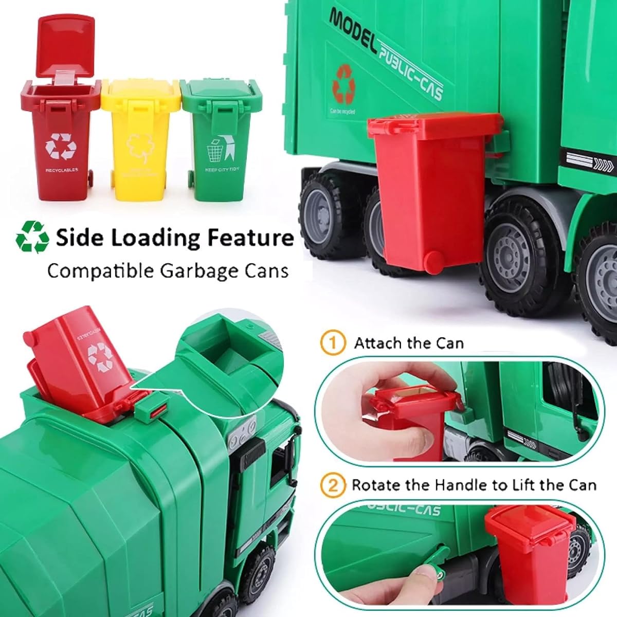 36cm Friction Powered Recycling Garbage Truck Toy for Kids with Side Loading and Back Dump
