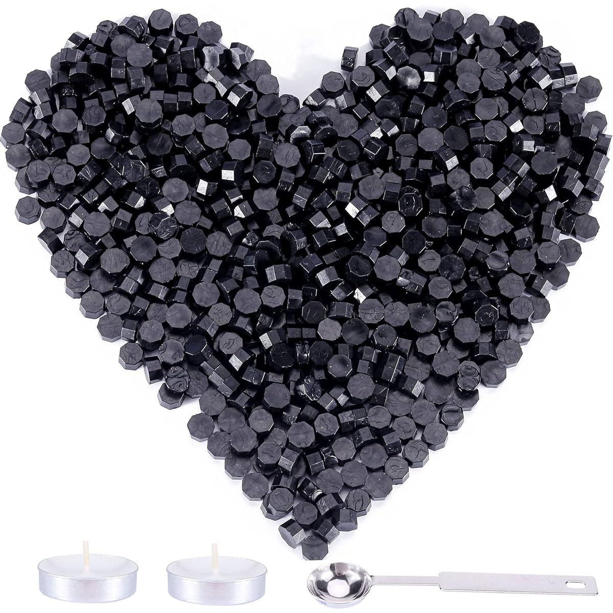 Mornajina 720 Pieces Black Wax Seal Beads Octagonal Sealing Wax for Stamp Seal with 1 Melting Spoon and 2 Candles