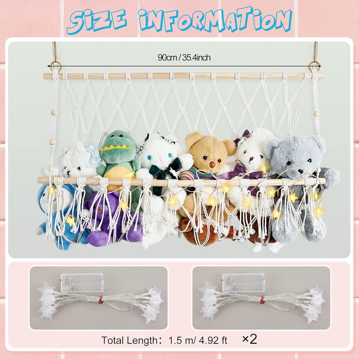 Stuffed Animal Storage Stuffed Animal Hammock Macrame Toy Hammock with LED Light (No Battery) Neatly Store Stuffed Animals for Animals, Children's Room, Bedroom (White)