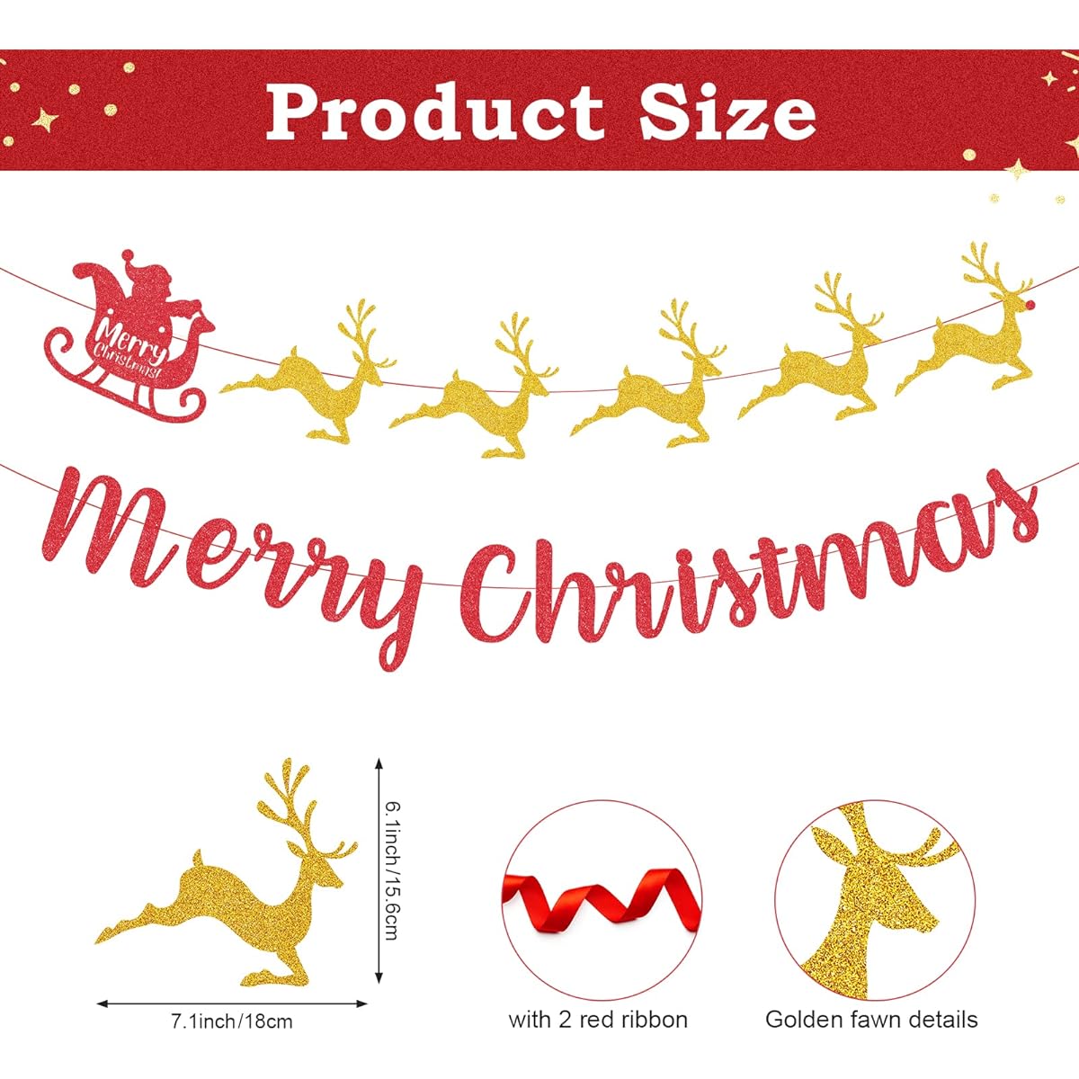 Merry Christmas Banner Glitter Christmas Banner Christmas Deer Banner Holiday Christmas Party Decoration Fireplace Home Decoration (Christmas)