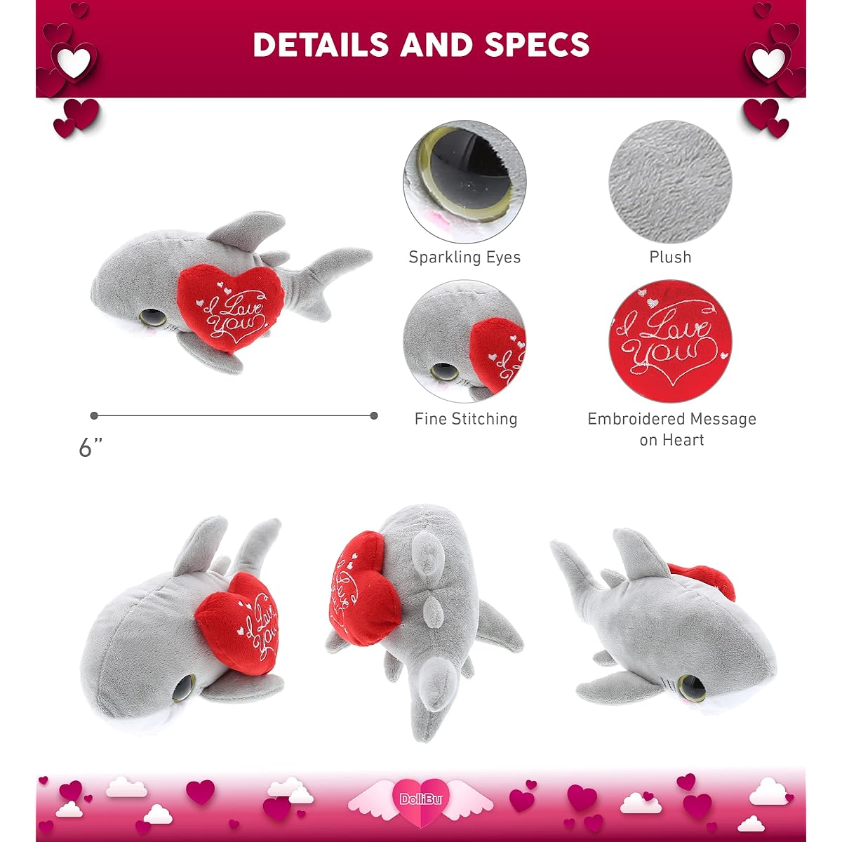 DolliBu I Love You Valentine Plush Big Eye Shark - Cute Soft Cuddly Stuffed Animal with Red Heart for Valentine's Day, Birthday Gift, Anniversary, Romantic Date - 6 Inch