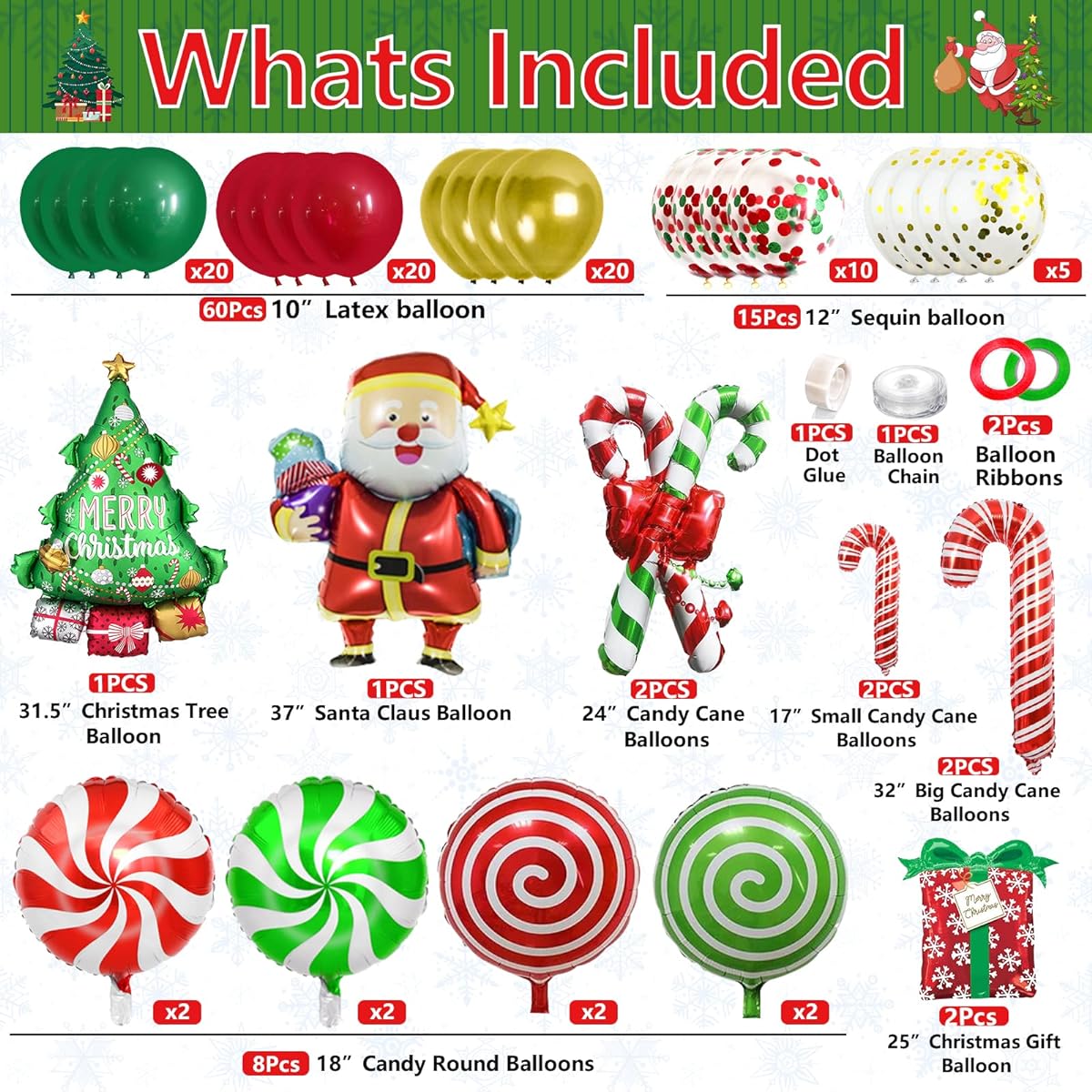 Christmas Balloon Garland Arch Kit Red Green Gold Confetti Balloons Candy Mylar Balloon Santa Claus Mylar Balloon Christmas Holiday Candy Theme Decorations Christmas Party Supplies (A)