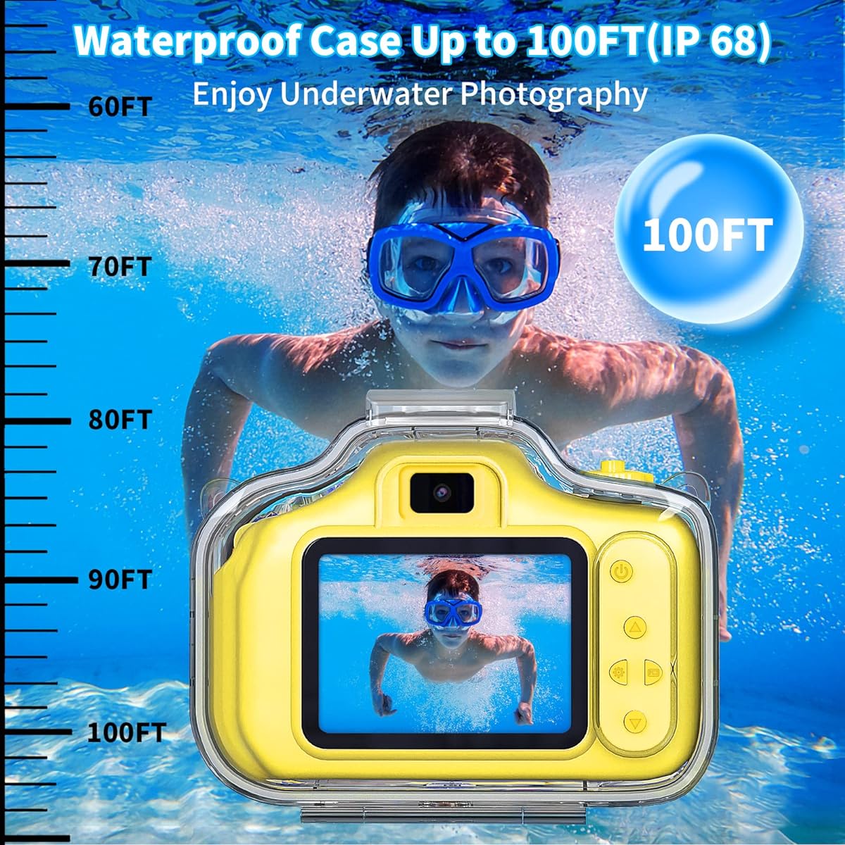 OZMI Gift for 3 4 5 6 7 8 9 Year Old Girls Boys Kids Selfie Underwater Waterproof Camera Christmas Birthday Gift for Toddlers with 32GB SD Card Yellow