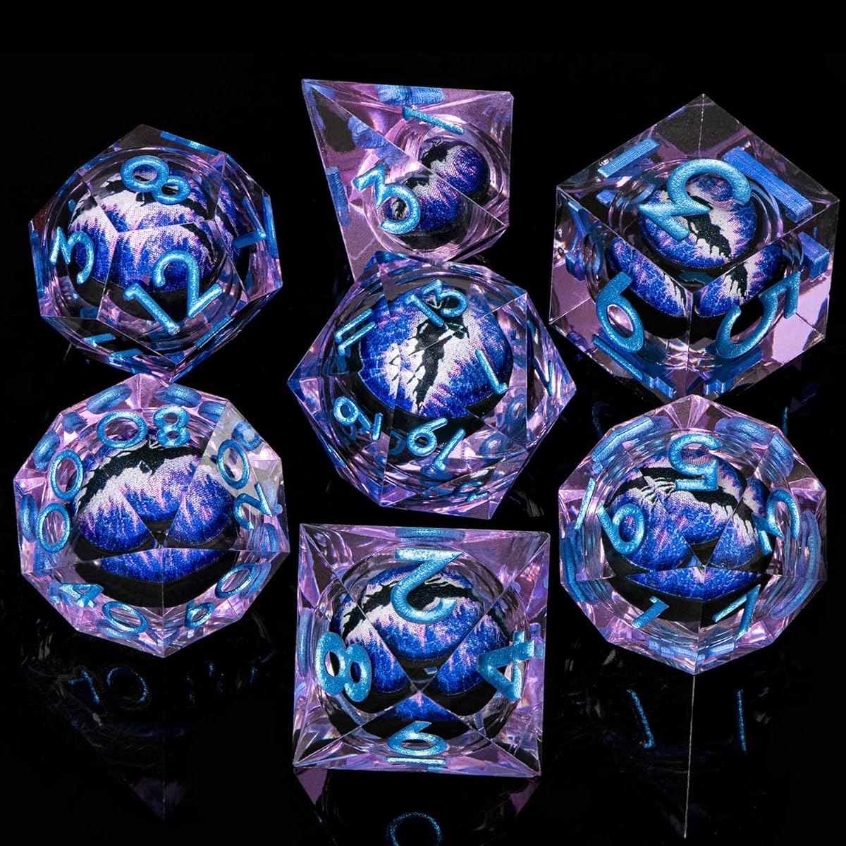 ORIFANTOU DND Dice Set Purple Blue Dragon Eye Dice with Box 7pcs Liquid Core Sharp Edge Dice Dungeons and Dragon Polyhedral Dice Set Resin D&D Dice RPG Role Playing Game Handmade D&D Dice