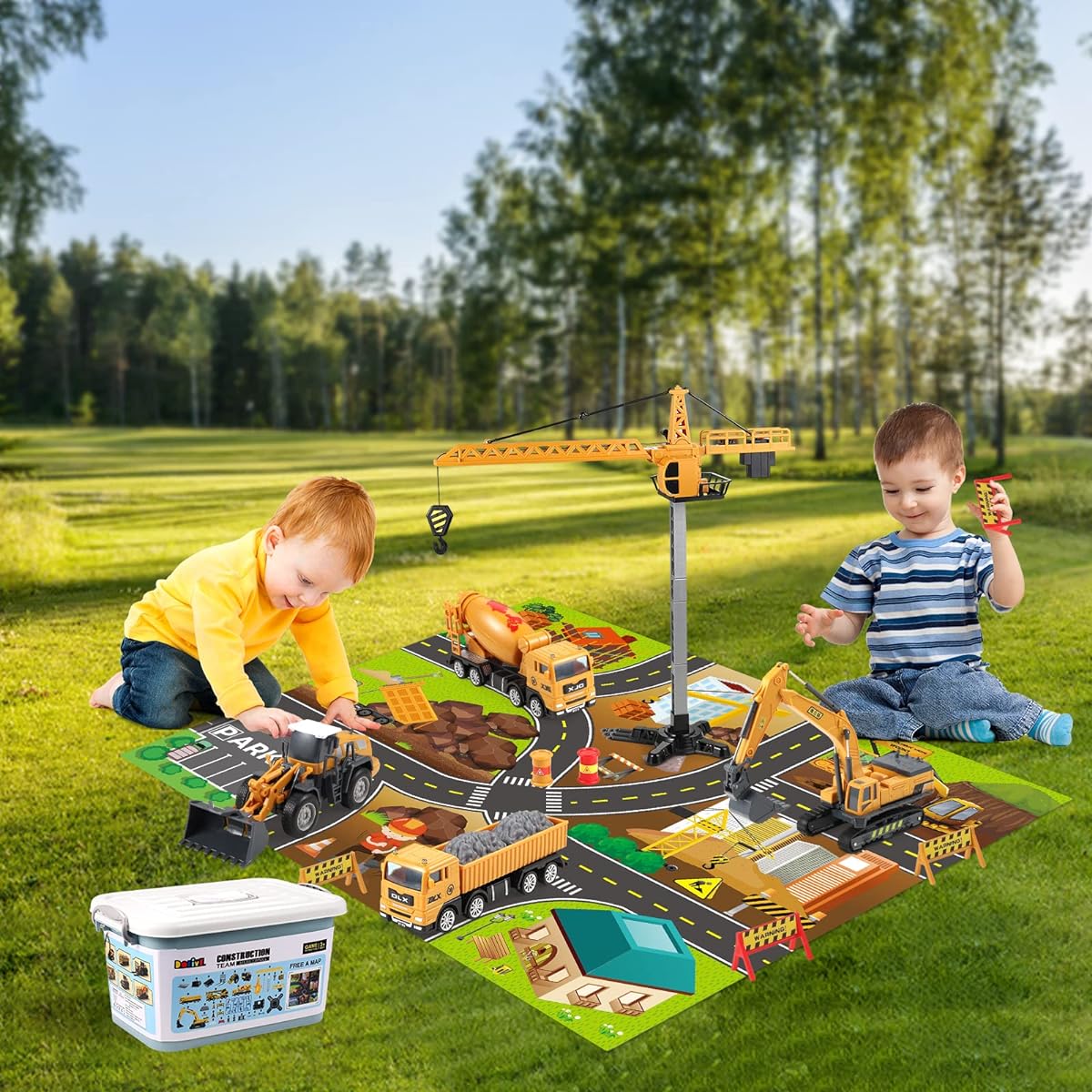 DOLIVE Construction Site Vehicle Toys with Mat, Crane Toy Tractor Tower Crane Truck Dump Truck Excavator Cement Mixer Truck Kids Engineering Playset for Ages 3+ Boys Girls