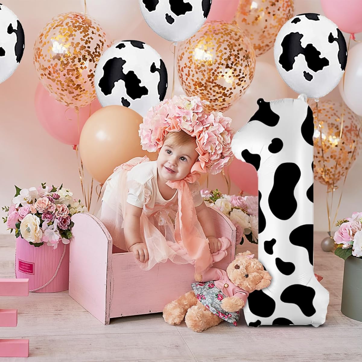 Cow Print Balloons Birthday Decorations Supplies Number 1 Balloons Cowgirl Theme Number Balloons for Birthday Party Farm Barn Decoration 40 Inches (Number 1)