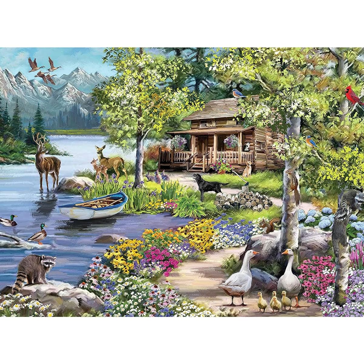 Bits and Pieces - 500 Piece Jigsaw Puzzle for Adults 18" x 24" - Cabin on the Lake - 500 Piece Lake Mountains Flowers Ducks Moose Deer Trees Birds Nature Jigsaw Puzzle Artist: The Macneil Studio