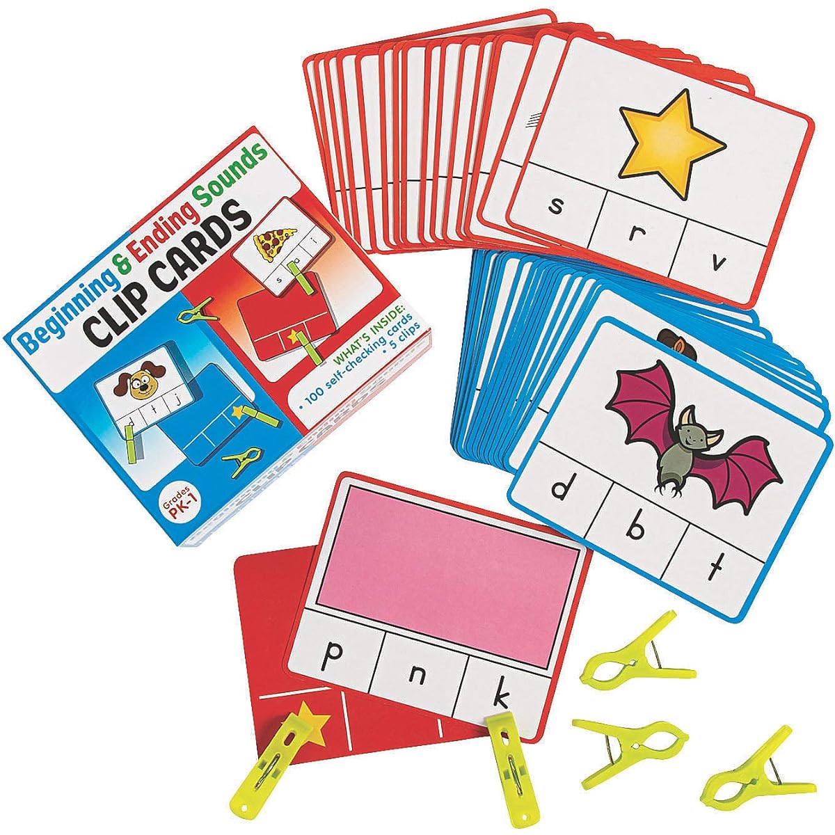 Fun Express Beginning and Ending Sounds Clip Cards - 106 Pieces - Teaching and Learning Activities for Kids