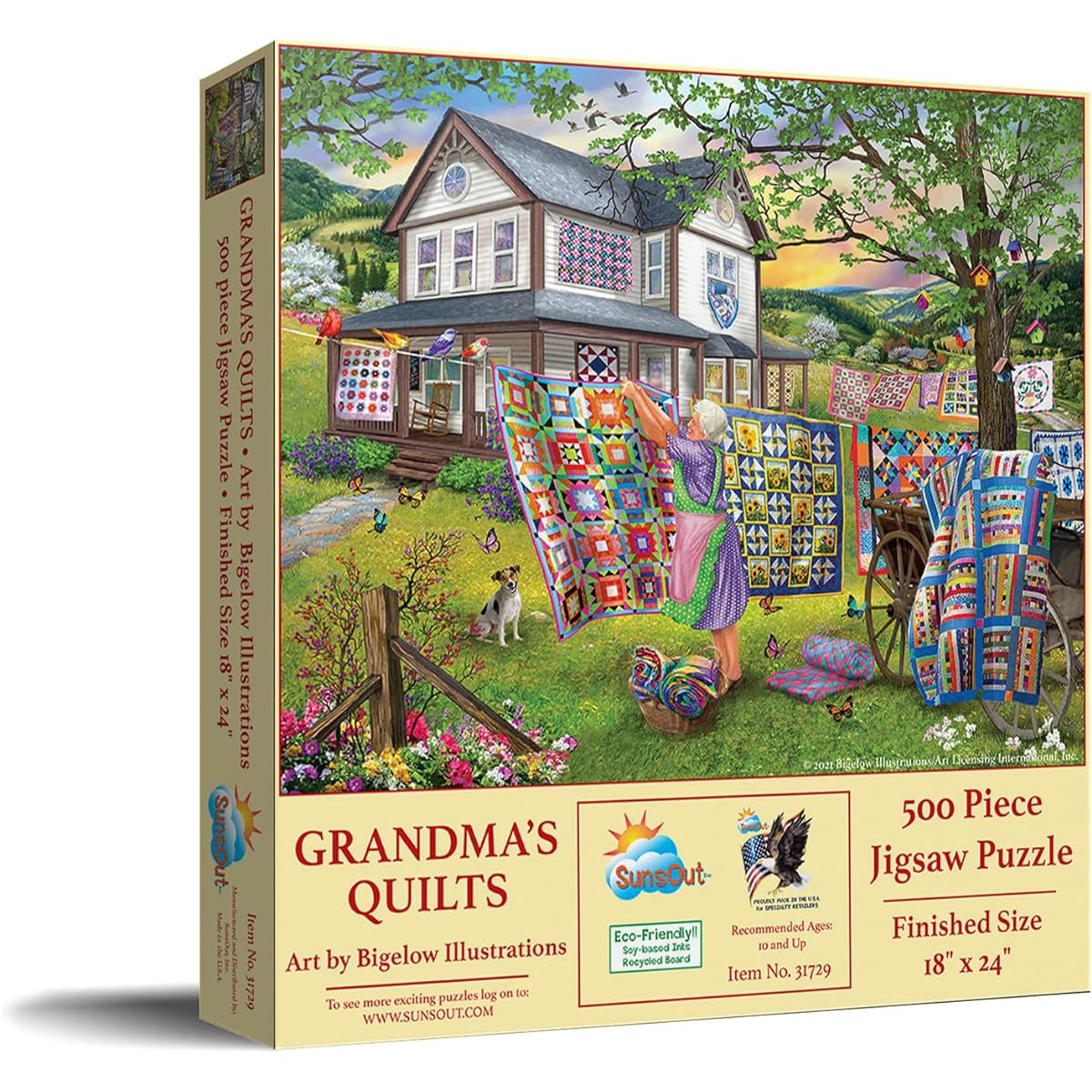 SUNSOUT INC - Grandma's Quilts - 500 Piece Jigsaw Puzzle Artist: Bigelow Illustrations - Finished Size 18" x 24" - MPN# 31729