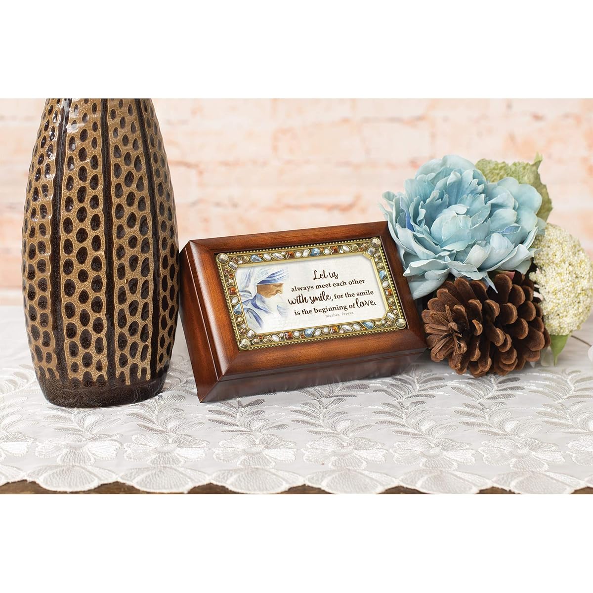 Smiling Love Saint Mother Teresa Wood Finish Petite Jeweled Music Box Plays Amazing Grace